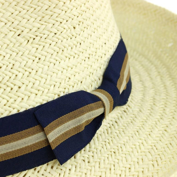 Wide Brim Straw Panama Fedora Hat  - Blue & Brown