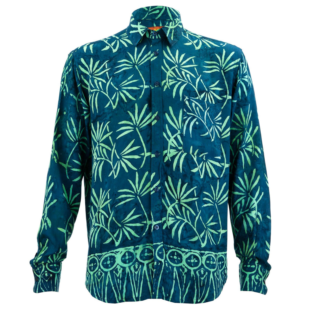 Regular Fit Long Sleeve Shirt - Tropical Leaf - Petrol