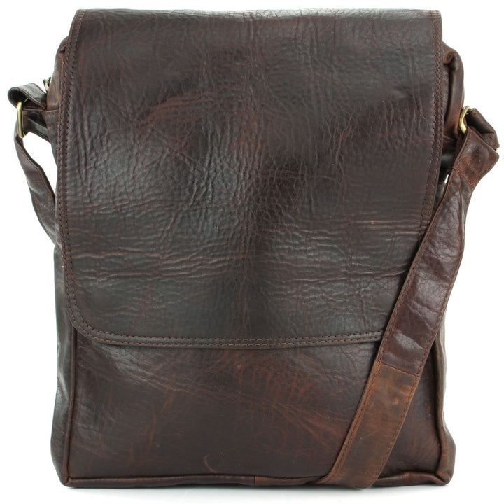 Real Leather Cross Body Messenger Shoulder Bag - Brown