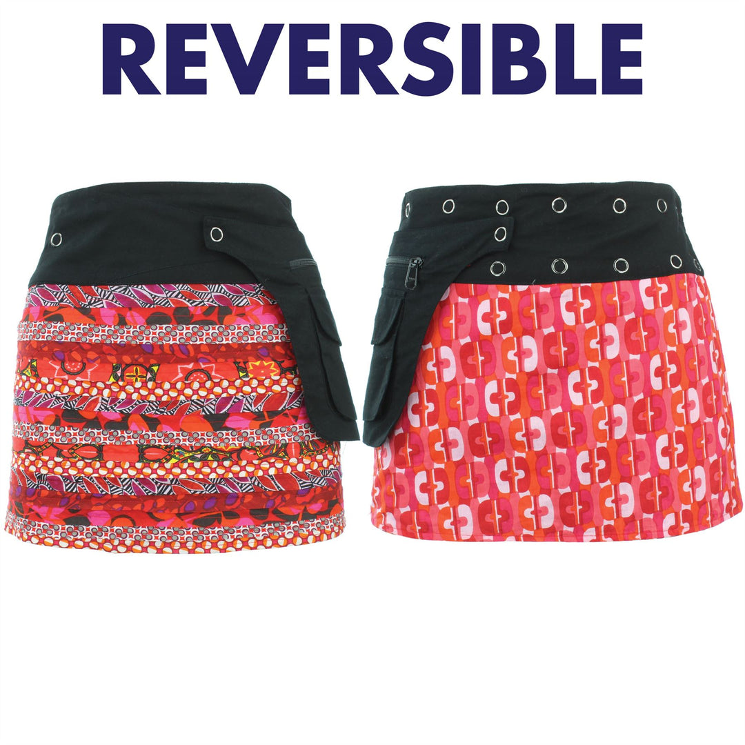 Reversible Popper Wrap Mini Skirt - Red Patch Strips / 70s Telephone