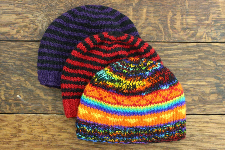 Hand Knitted Wool Beanie Hat - SD Black Rainbow Orange