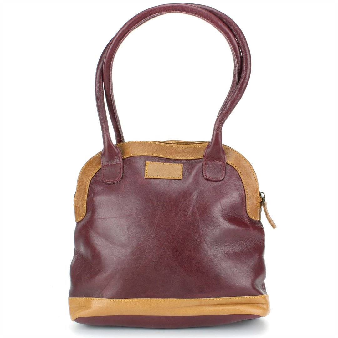 Real Leather Shopper Tote Bag Handbag - Red & Brown