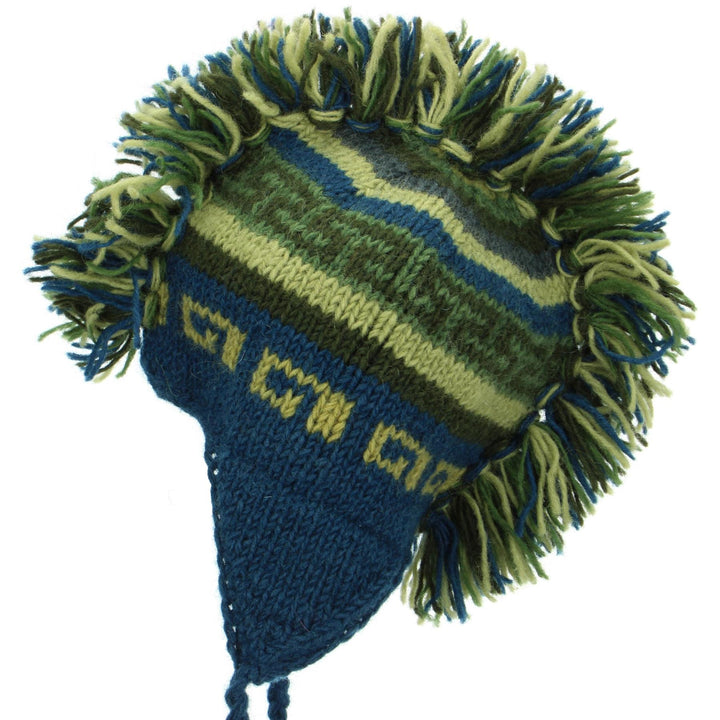 Wool Knit 'Punk' Mohawk Earflap Beanie Hat - Blue & Green (Adult)