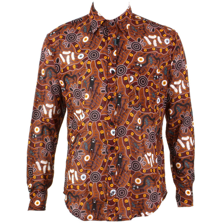 Regular Fit Long Sleeve Shirt - Red & Brown Abstract Australian