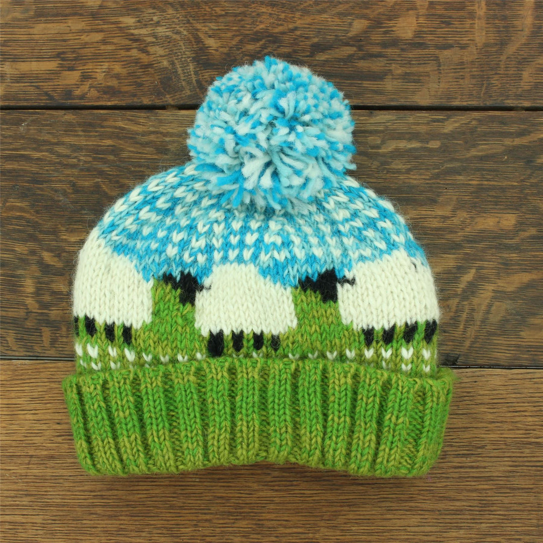 Hand Knitted Wool Beanie Bobble Hat - Sheep - Green Sky Blue