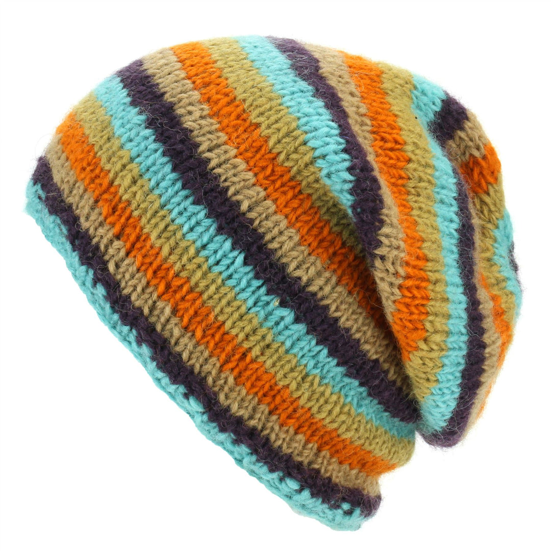 Wool Knit Baggy Slouch Beanie Hat - Stripe Retro A