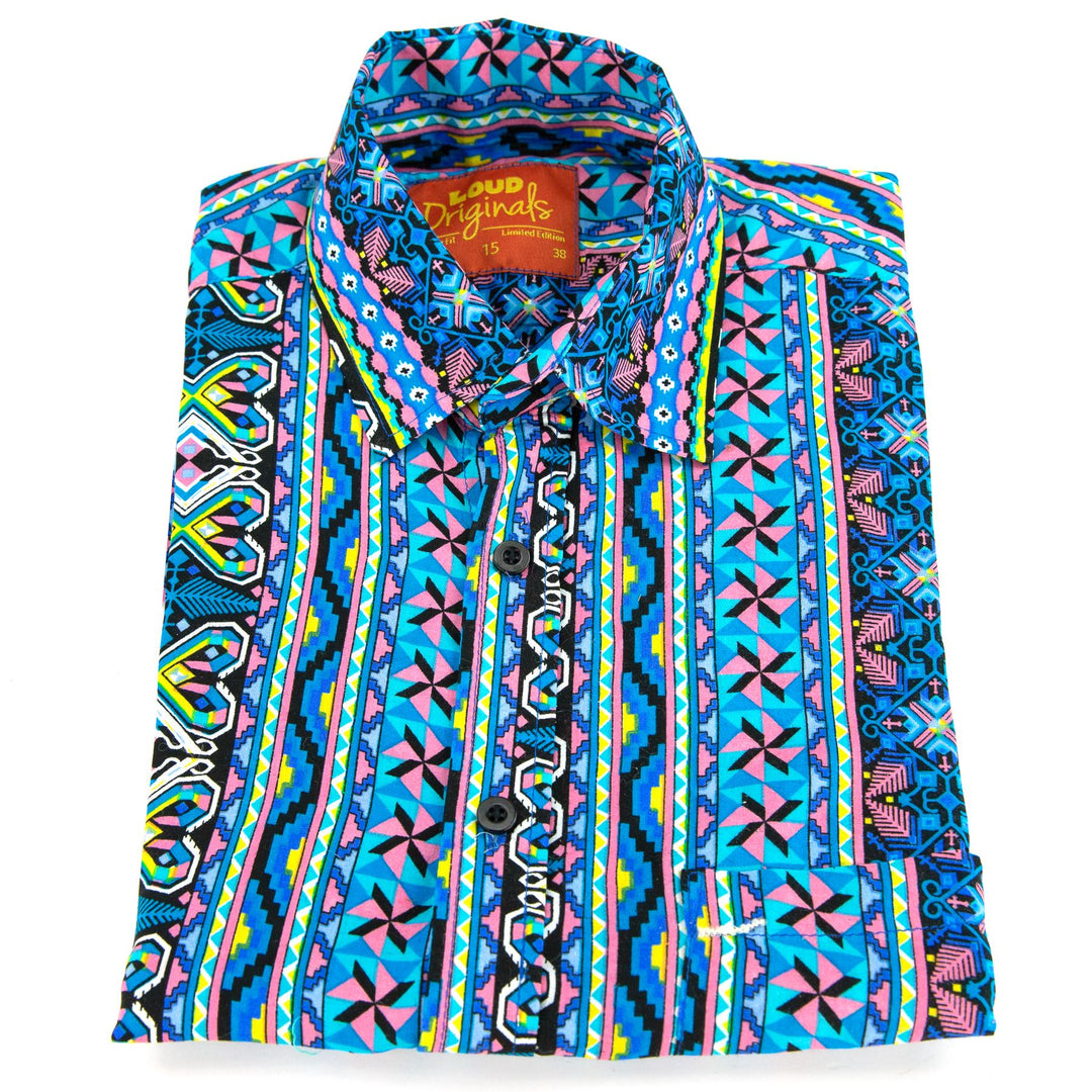 Regular Fit Short Sleeve Shirt - Geometric Aztec - Blue