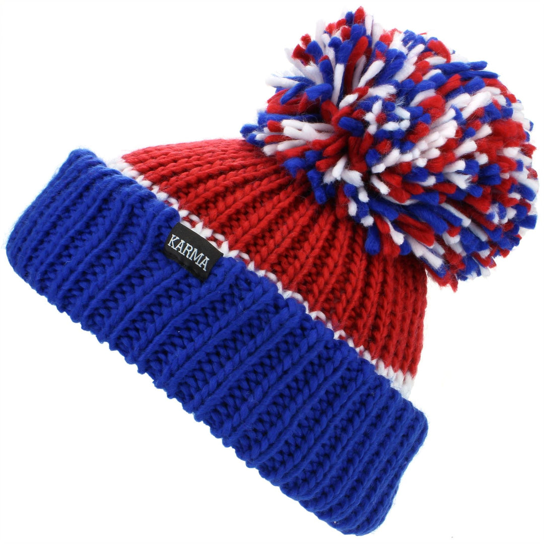 Chunky Acrylic Knit Beanie Hat with a MASSIVE Bobble - Blue, White & Red