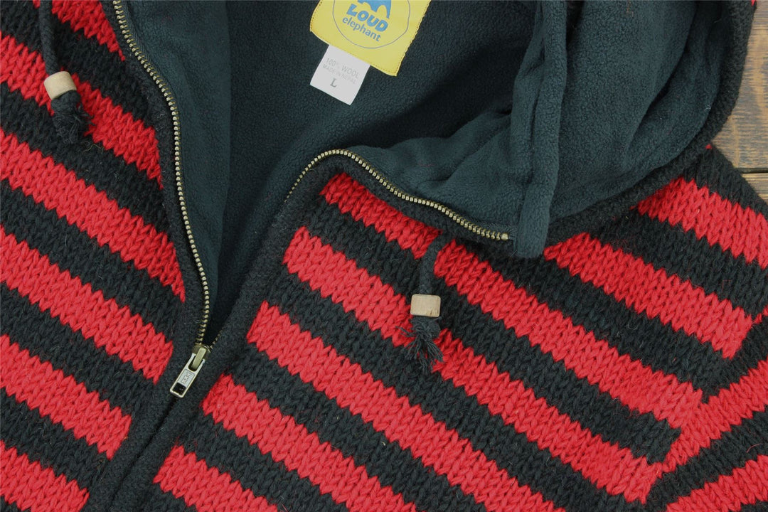 Hand Knitted Wool Hooded Jacket Cardigan - Stripe Red Black