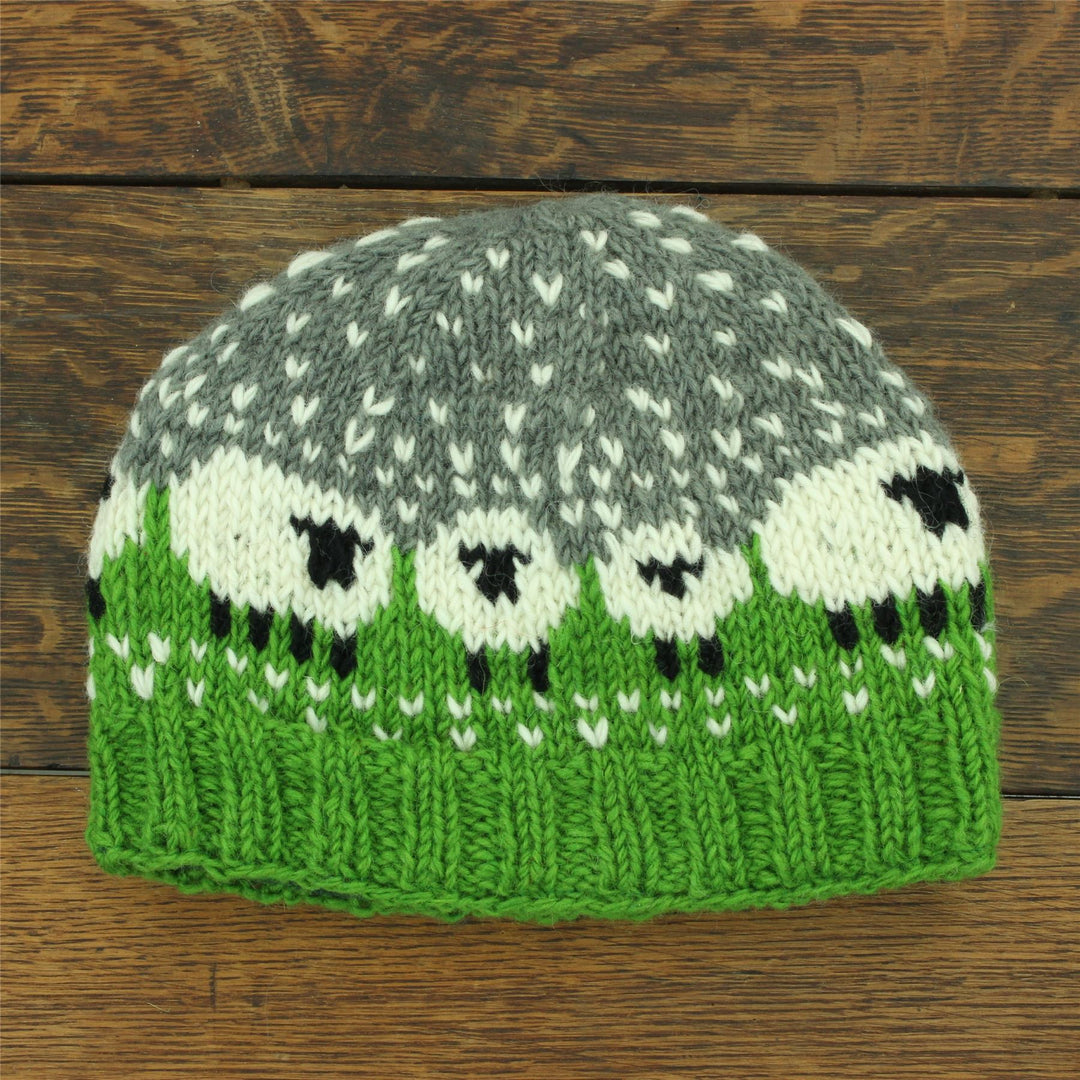 Hand Knitted Wool Beanie Hat - Sheep Green