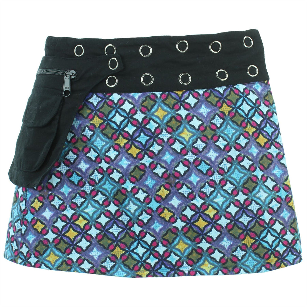 Reversible Popper Wrap Children's Size Mini Skirt - Blue Patch Strips / Diamond Block