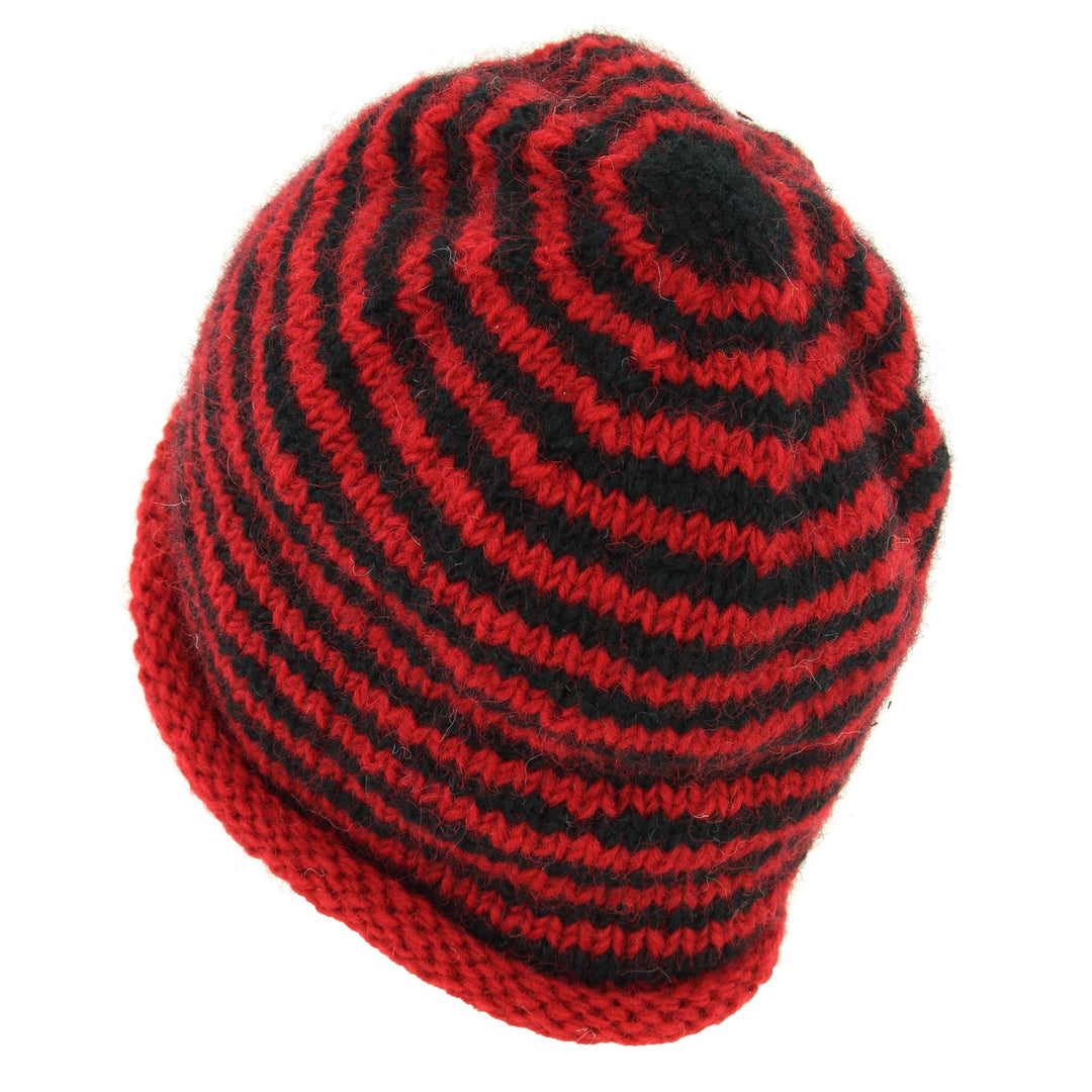 Hand Knitted Wool Beanie Hat - Stripe Red Black