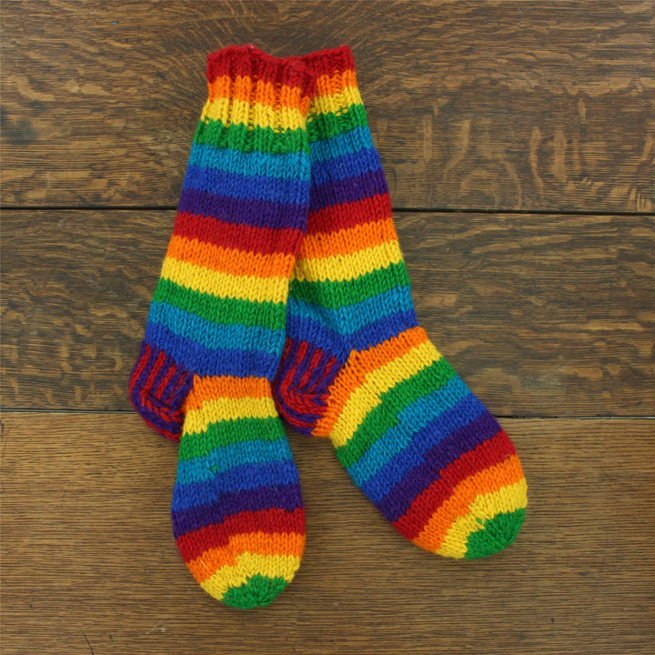 Hand Knitted Wool Slipper Socks Lined - Stripe Rainbow 1