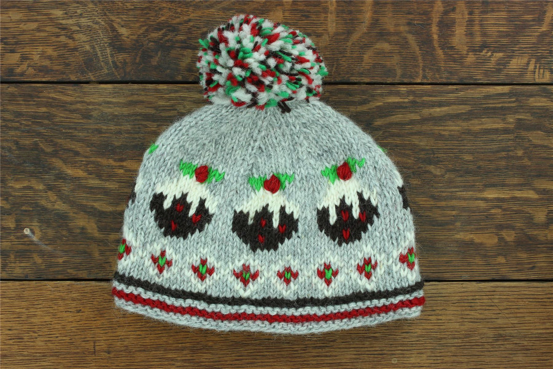 Hand Knitted Wool Beanie Bobble Hat - Christmas Puddings