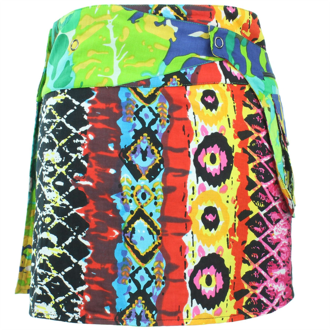 Reversible Popper Wrap Mini Skirt - Psychedelic Snakeskin / Camo Leaf