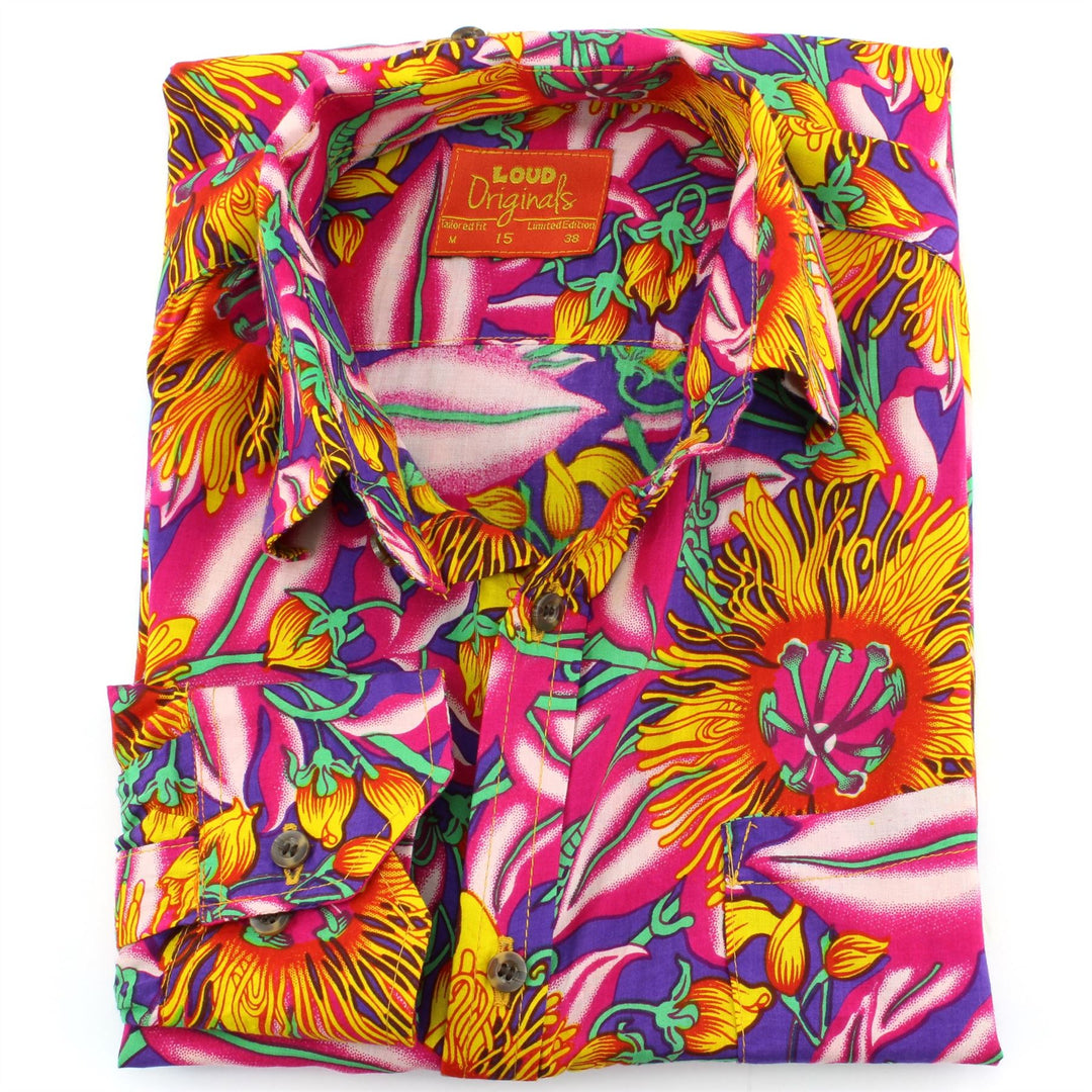 Tailored Fit Long Sleeve Shirt - Bright Pink & Orange Floral on Purple