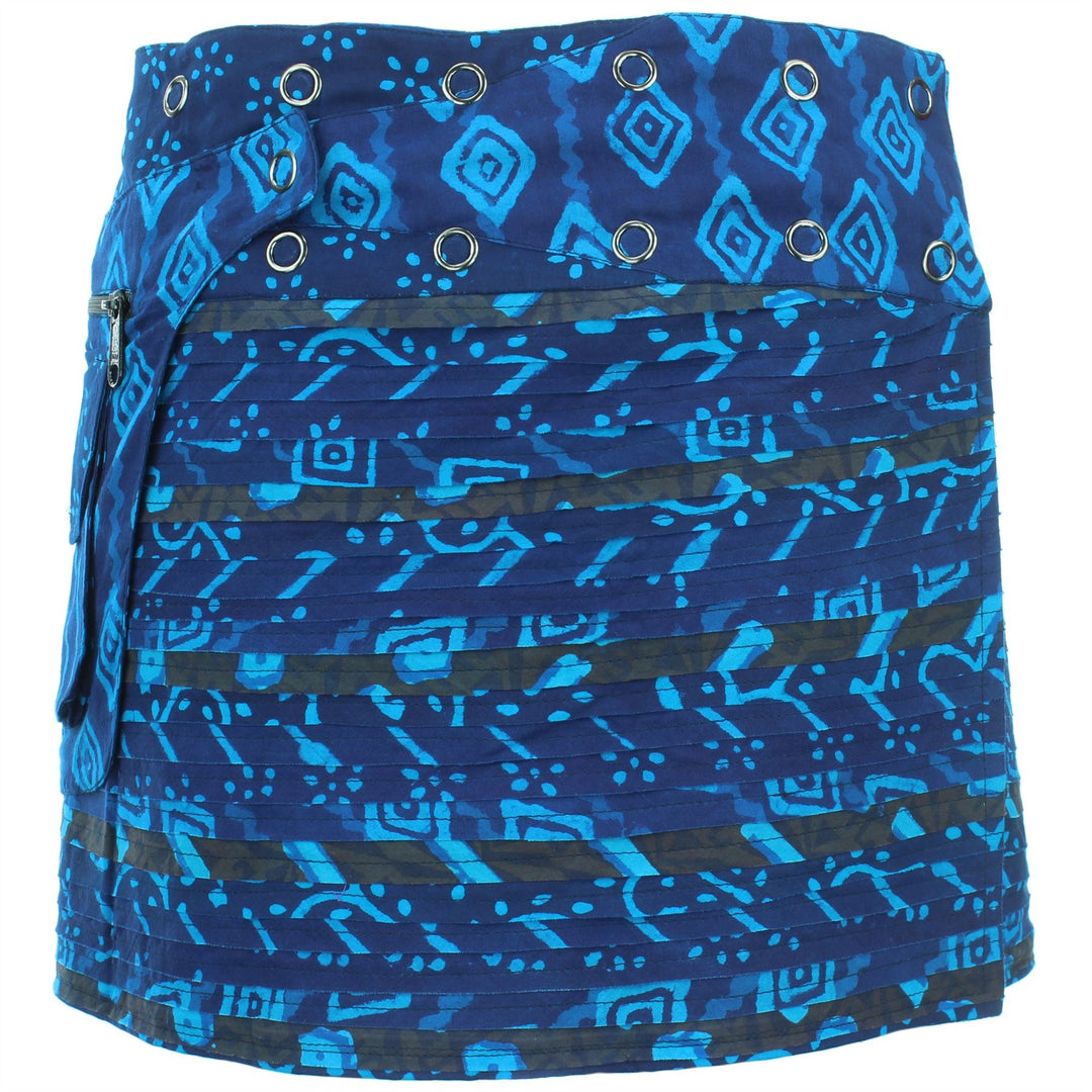 Reversible Popper Wrap Mini Skirt - Indigo Patch Strips / Indigo Stripe