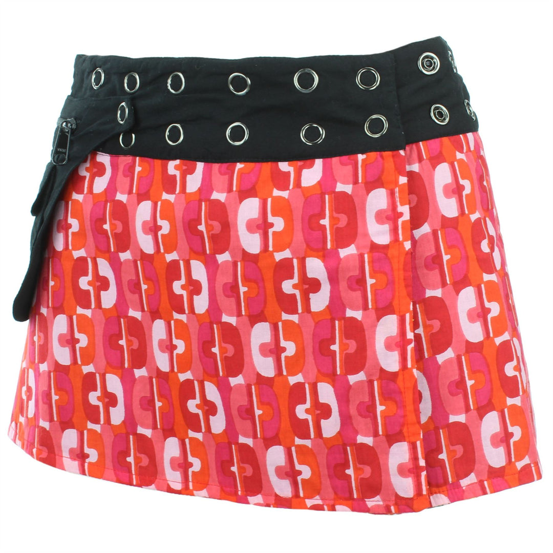 Reversible Popper Wrap Children's Size Mini Skirt - Red Patch Strips / 70s Telephone