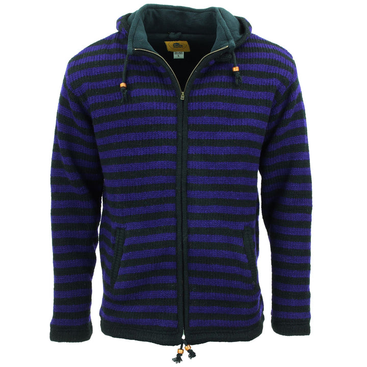 Hand Knitted Wool Hooded Jacket Cardigan - Stripe Purple Black