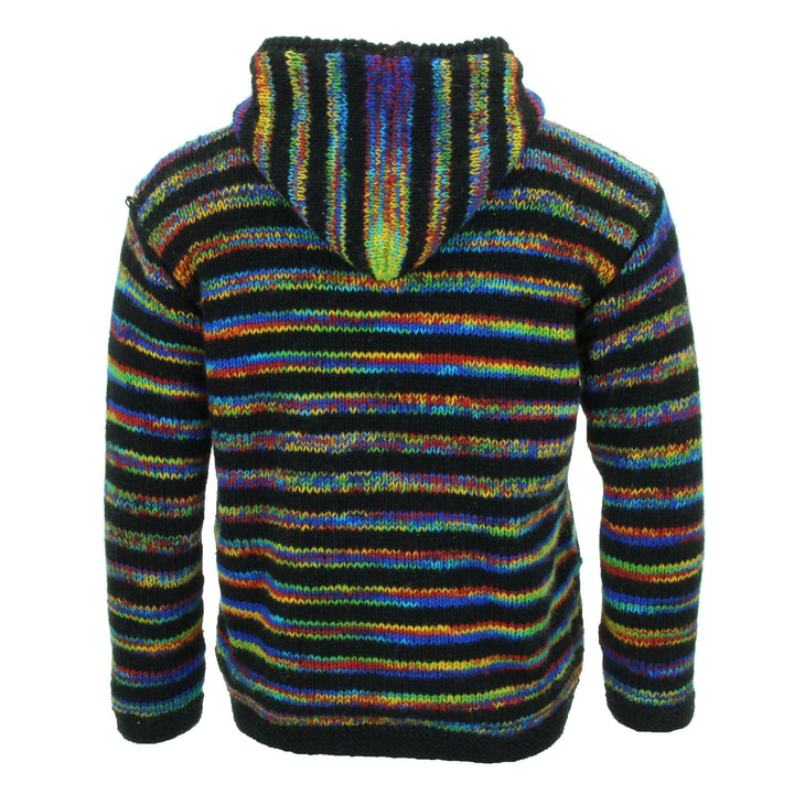 Hand Knitted Wool Hooded Jacket Cardigan - Stripe Black Rainbow SD