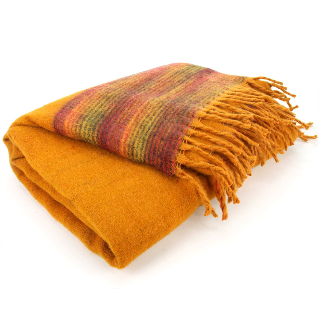 Tibetan Wool Blend Shawl Blanket - Mustard with Sunset Reverse