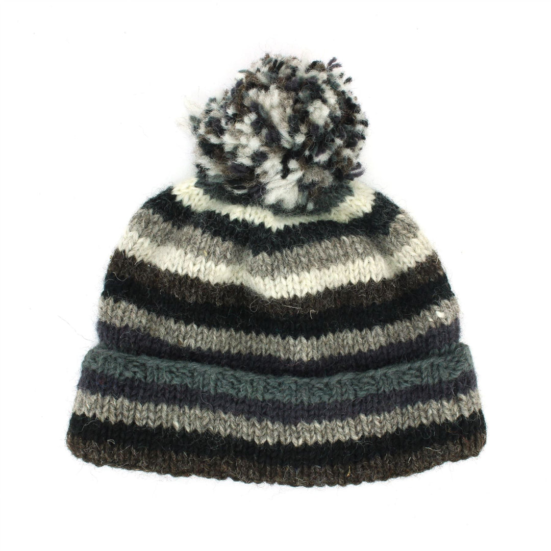 Chunky Wool Knit Beanie Bobble Hat - Stripe Greys