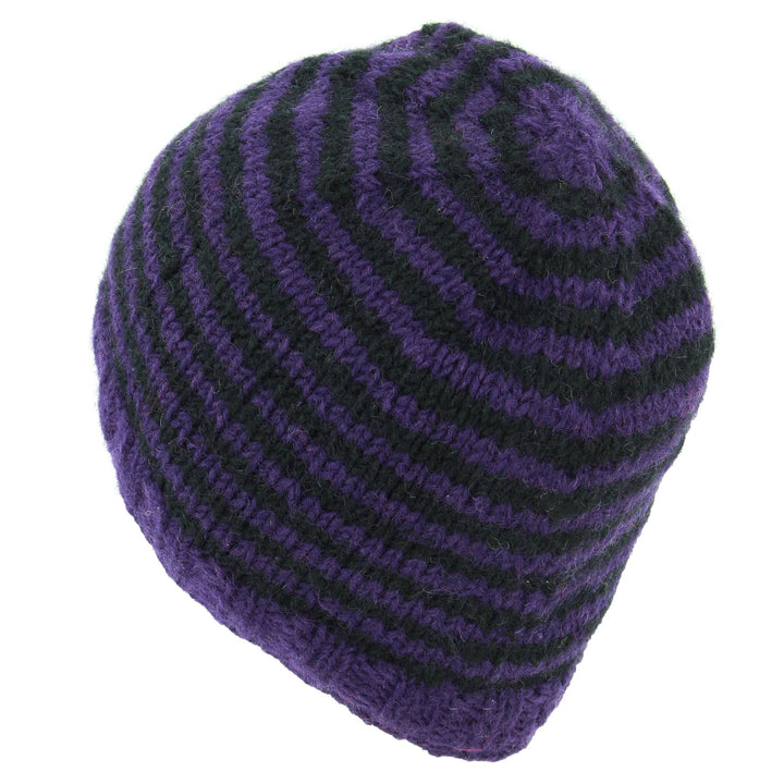 Hand Knitted Wool Beanie Hat - Stripe Purple Black