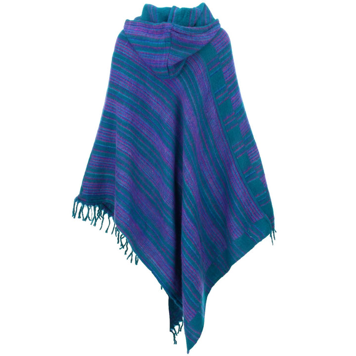 Vegan Wool Hooded Poncho - Green & Purple