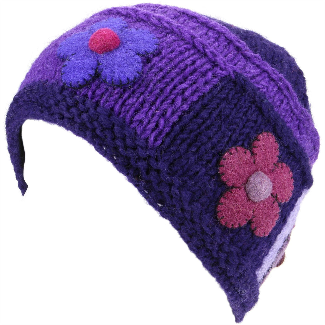 Ladies Wool Knit Beanie Hat with Flower Patch Design - Purple